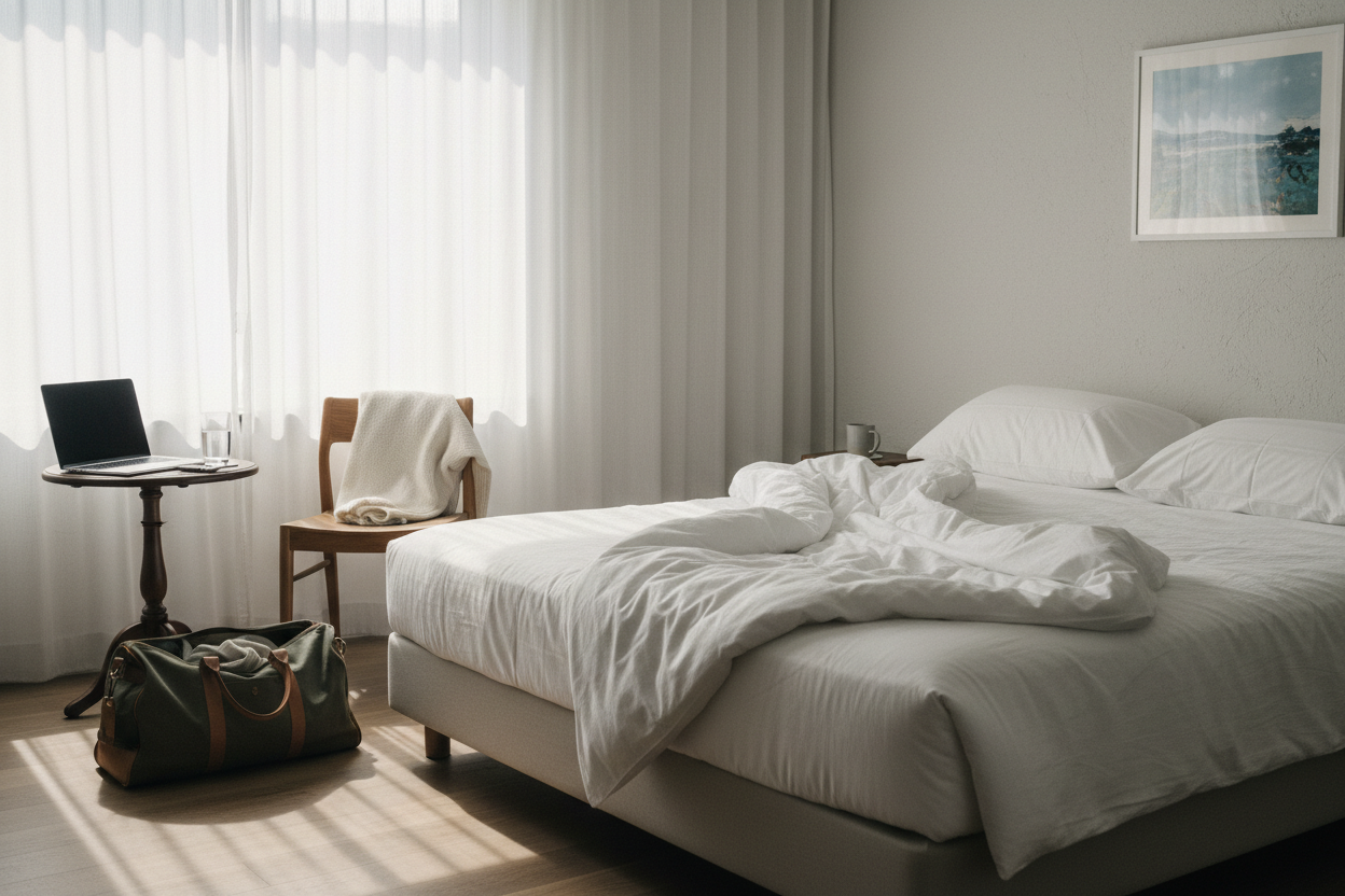 🎯 Intention de l’image
Montrer le réel du déplacement, sans visage, sans mise en scène, sans carte postale.
Une image qui dit : on est entre deux temps, dans le quotidien.
📸 Image idéale (ce que l’on doit voir)
👉 Intérieur de chambre d’hôtel ou logement temporaire, sobre et calme :
un lit défait ou parfaitement simple
un sac de voyage ouvert ou posé
un vêtement plié (plaid, pull, foulard)
un carnet ou ordinateur fermé
lumière naturelle (matin ou fin de journée)
fenêtre visible, rideau léger
aucun visage,